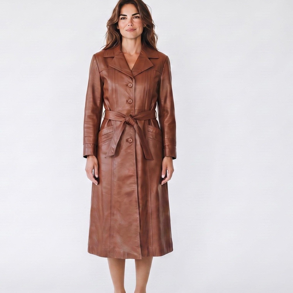 Vintage 70s Cognac Brown Leather Trench Coat Tie Belt Mid Length Women XS